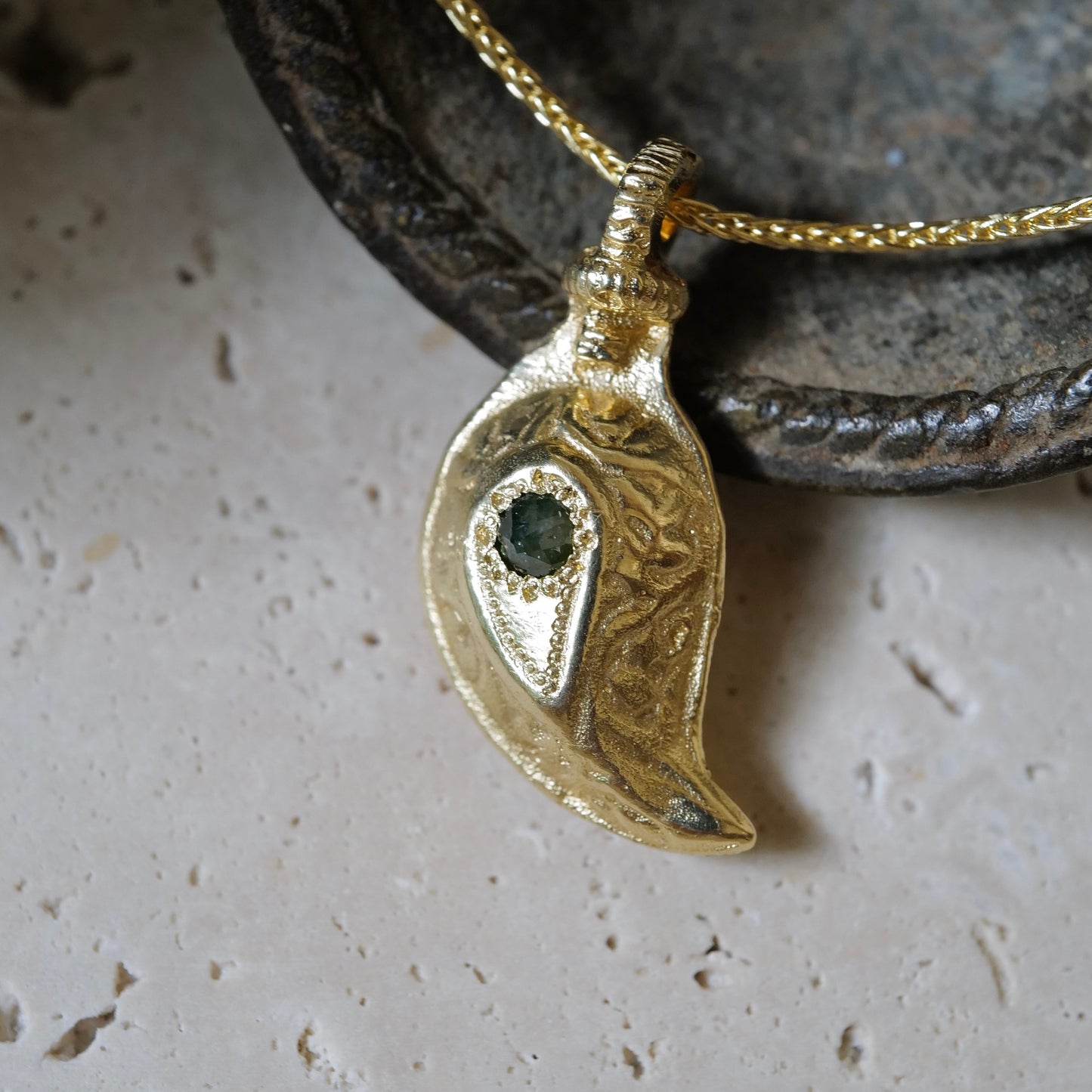 Carved 11g Solid 18k Gold Paisley Pendant Necklace with Green Diamond Karen Liberman Jewellery