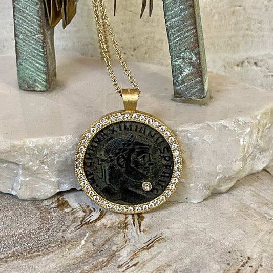 Antique Roman coin and diamond pendant