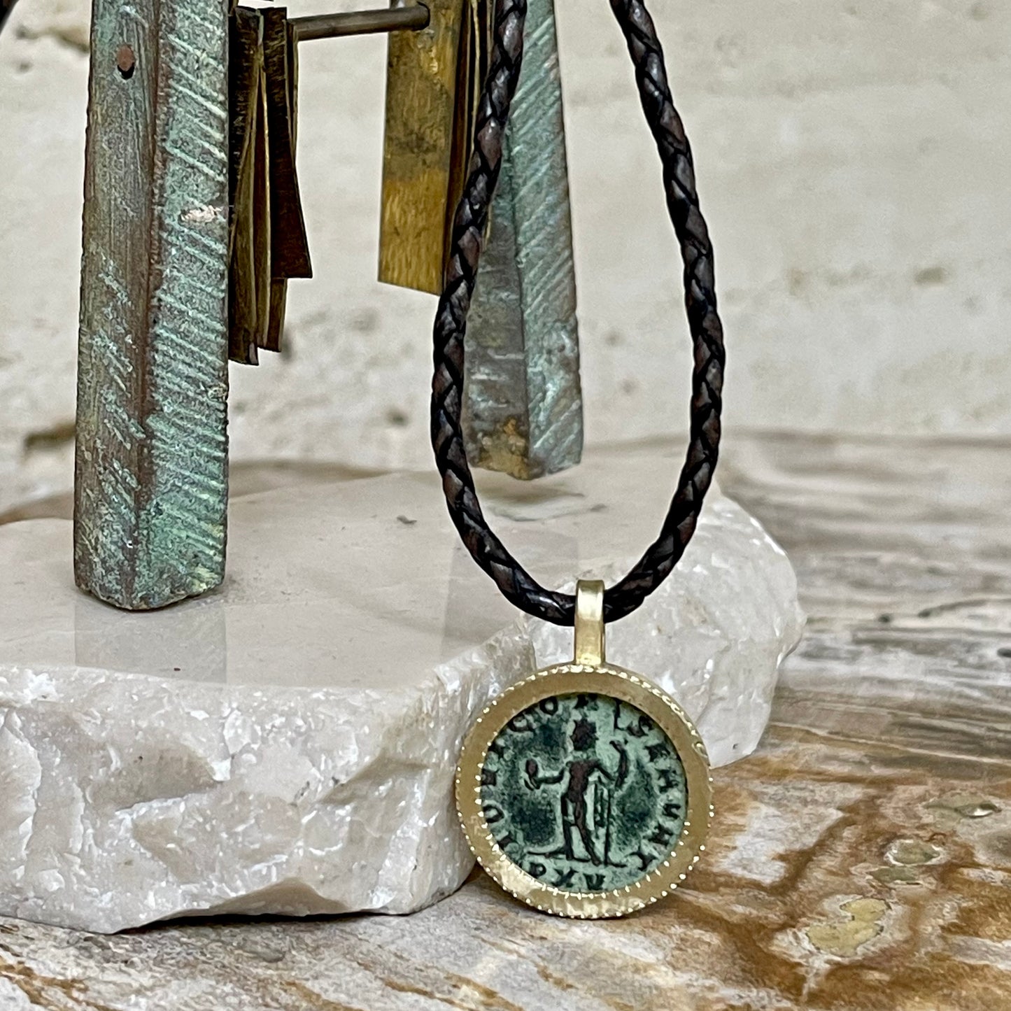 Roman coin pendant on braided adjustable leather cord necklace