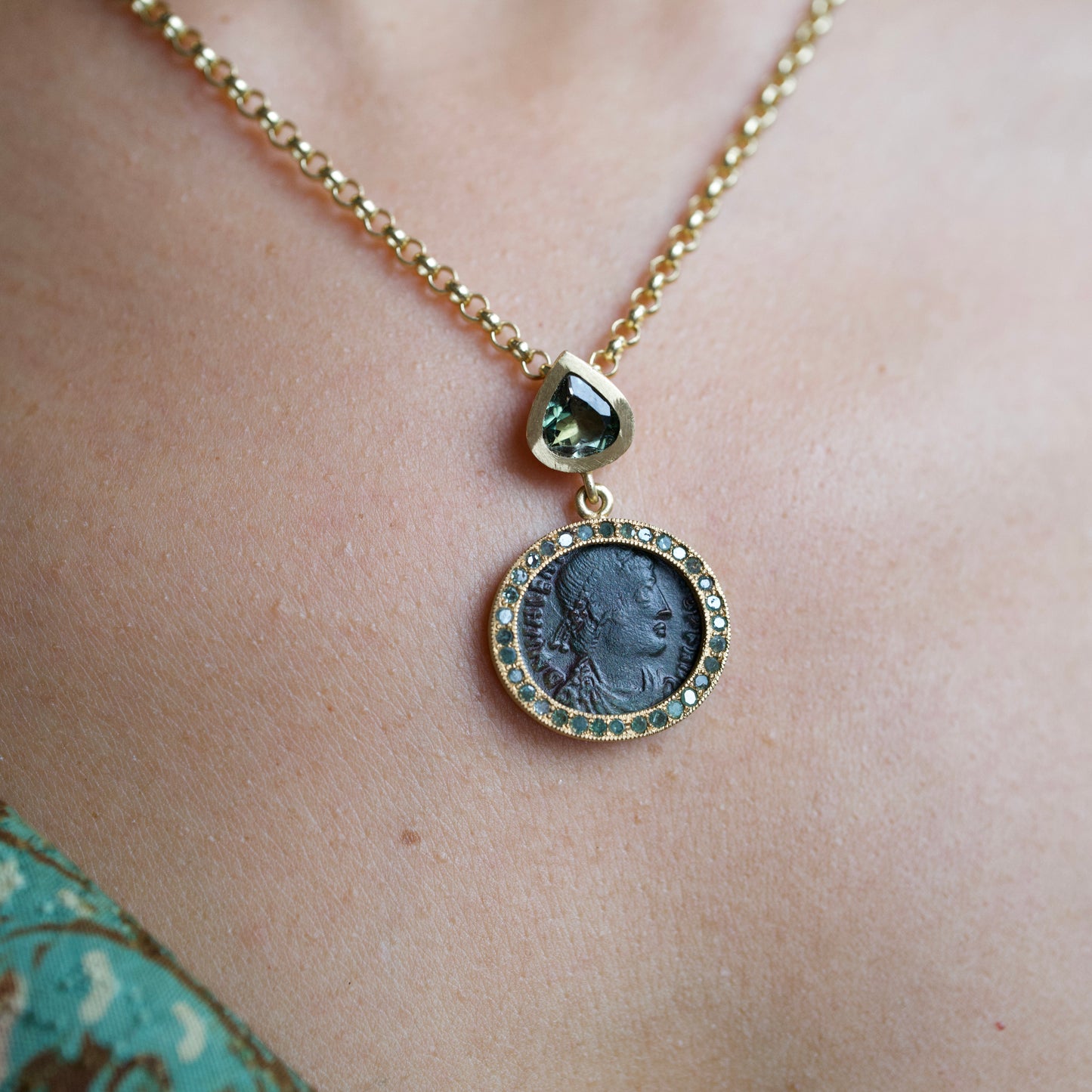 Antique coin and tourmaline necklace