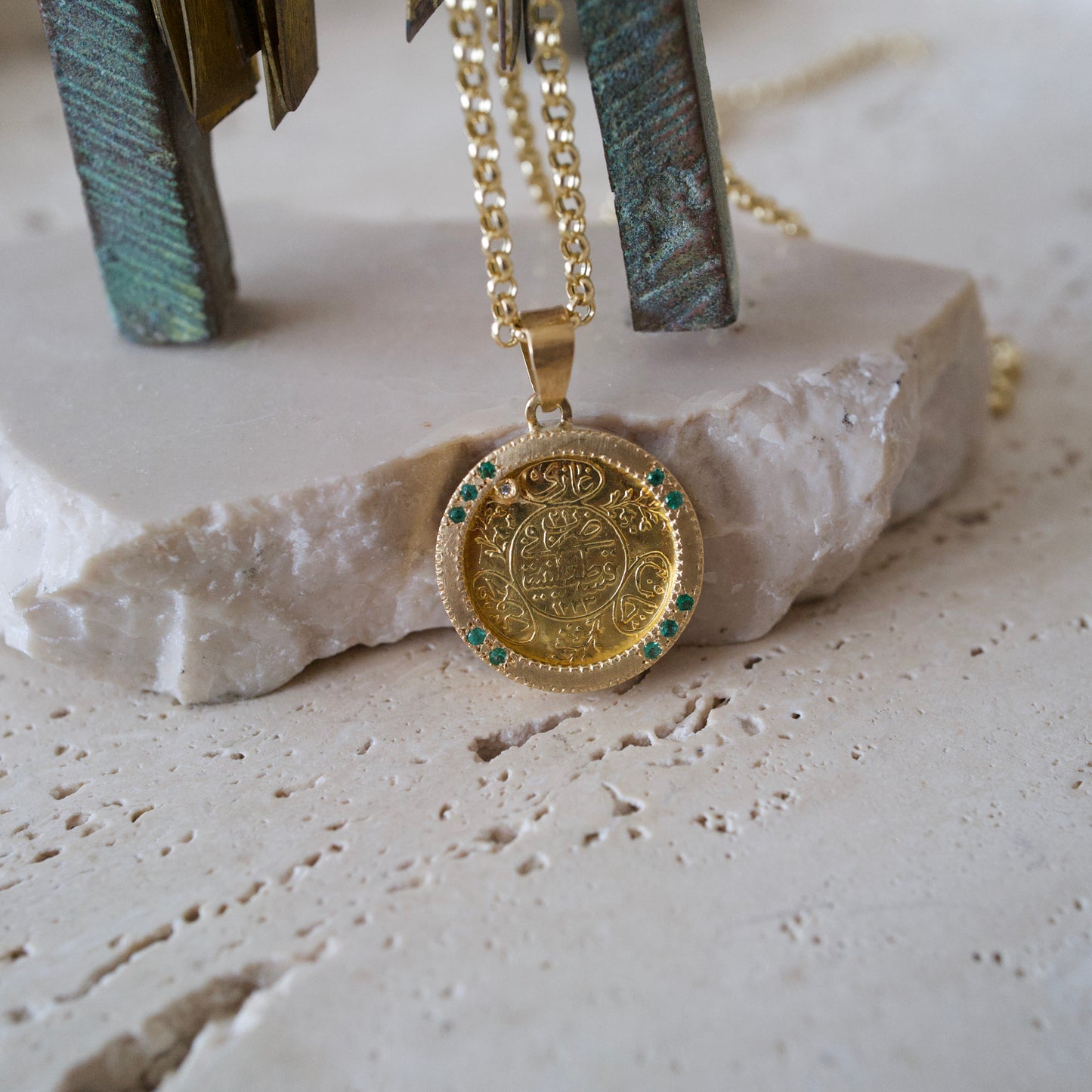 Antique gold coin emerald pendant necklace