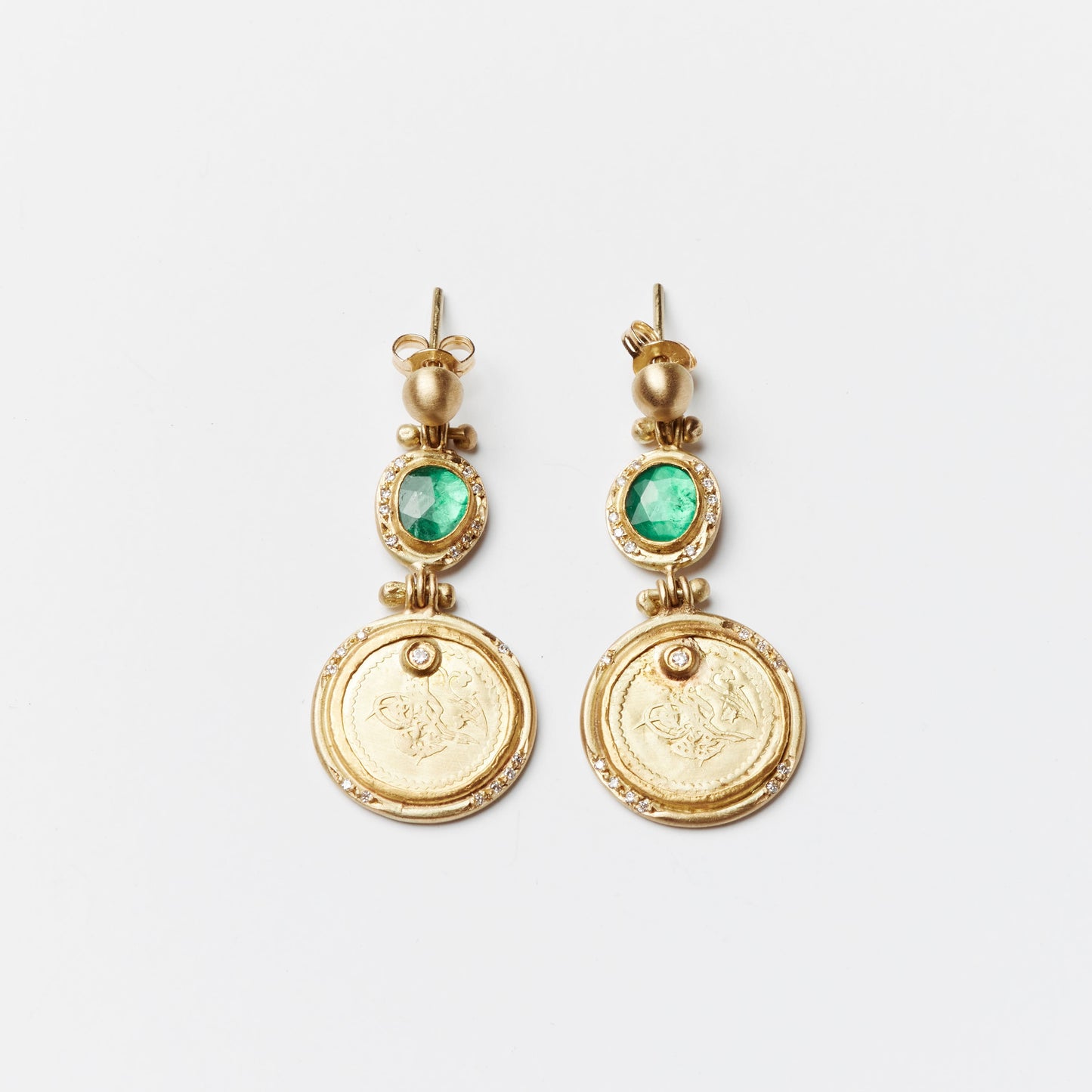 Antique coin and emerald earrings