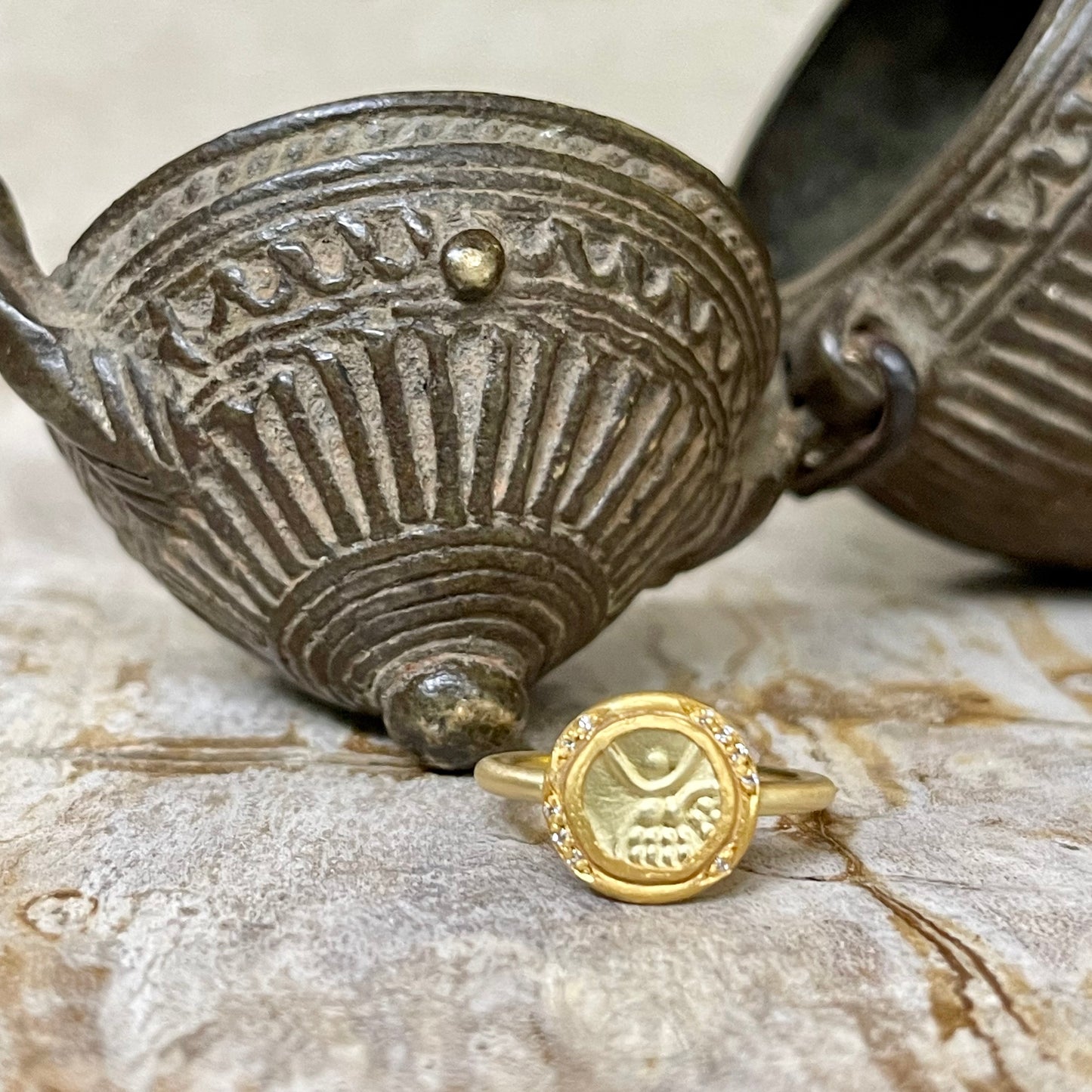 Antique Indian gold coin and white diamond ring