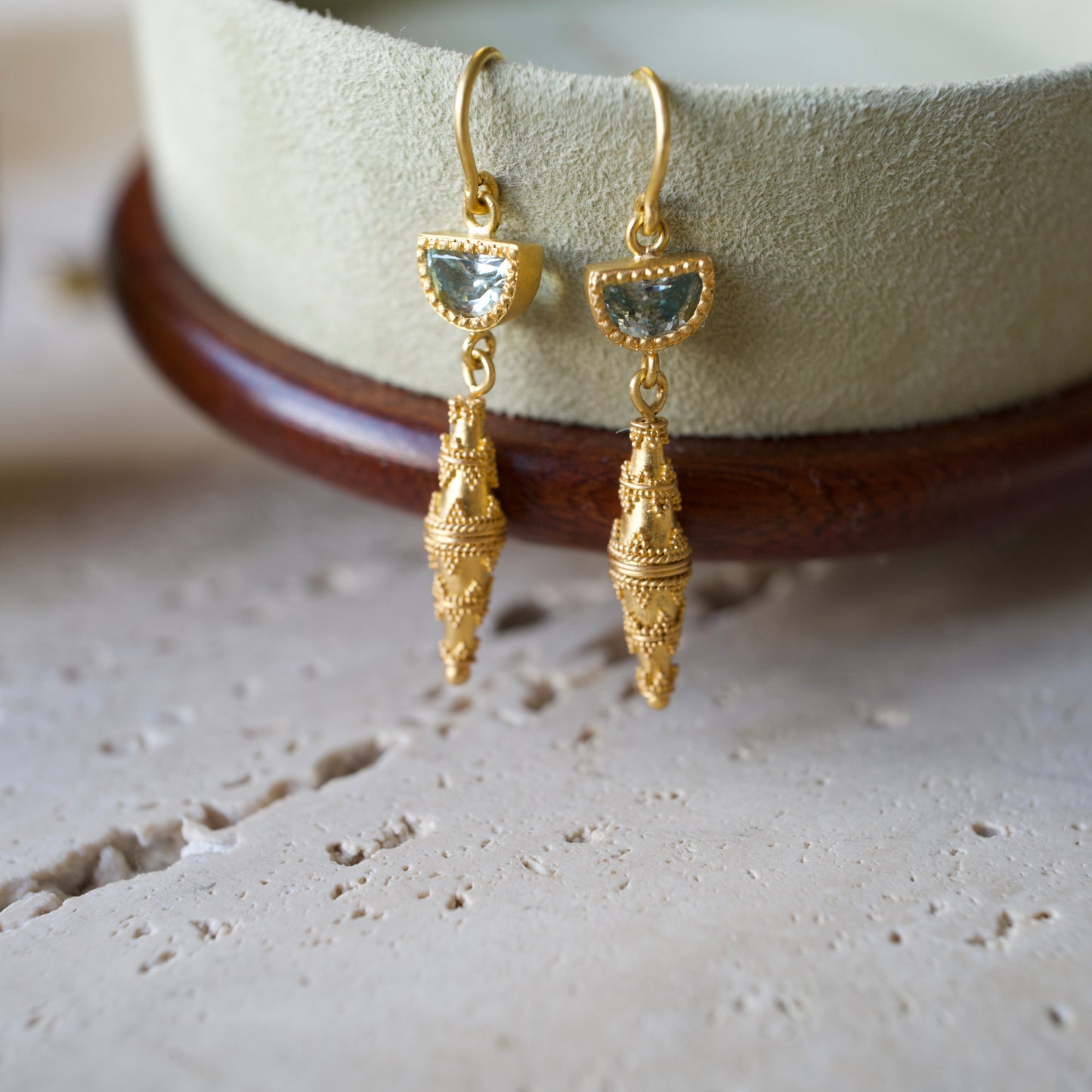 Blue zircon granulation drop earrings