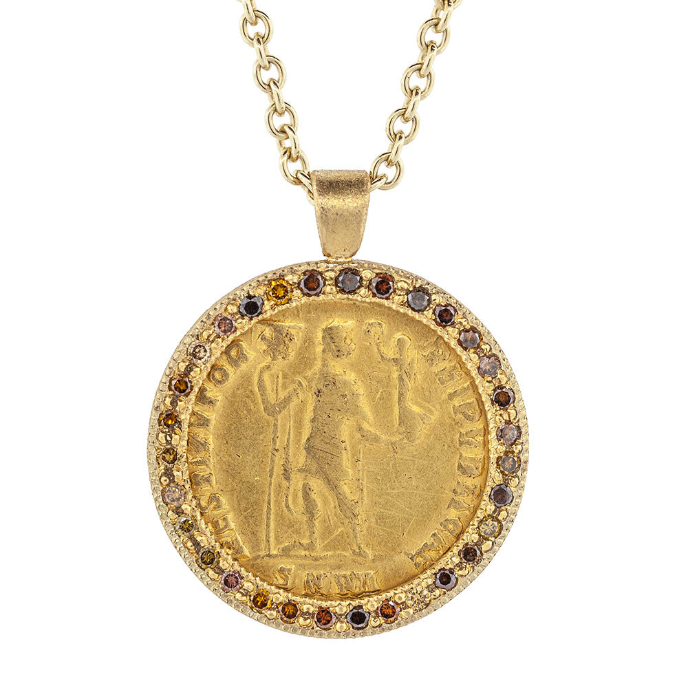 Antique Roman coin and diamond pendant necklace