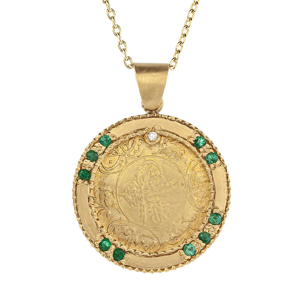 Antique gold coin and emerald pendant necklace