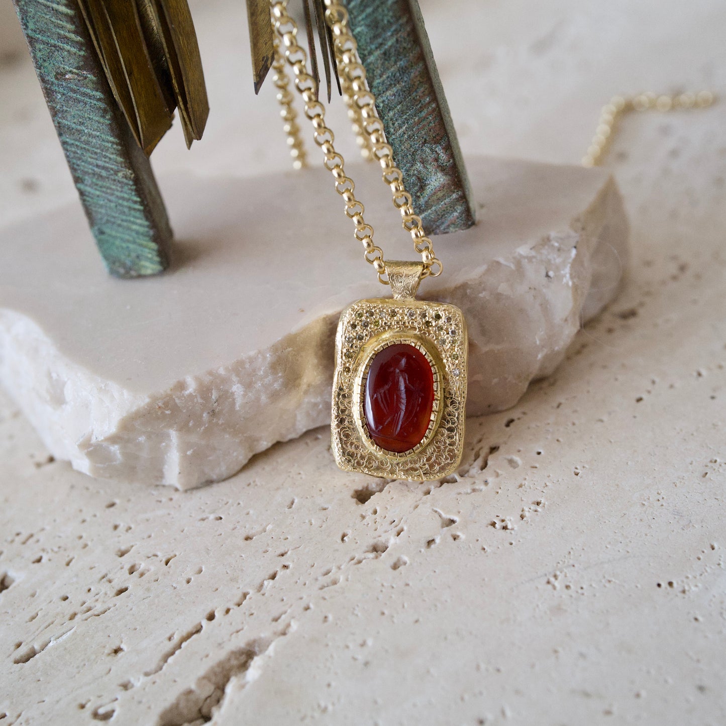 Italian intaglio champagne diamond pendant necklace