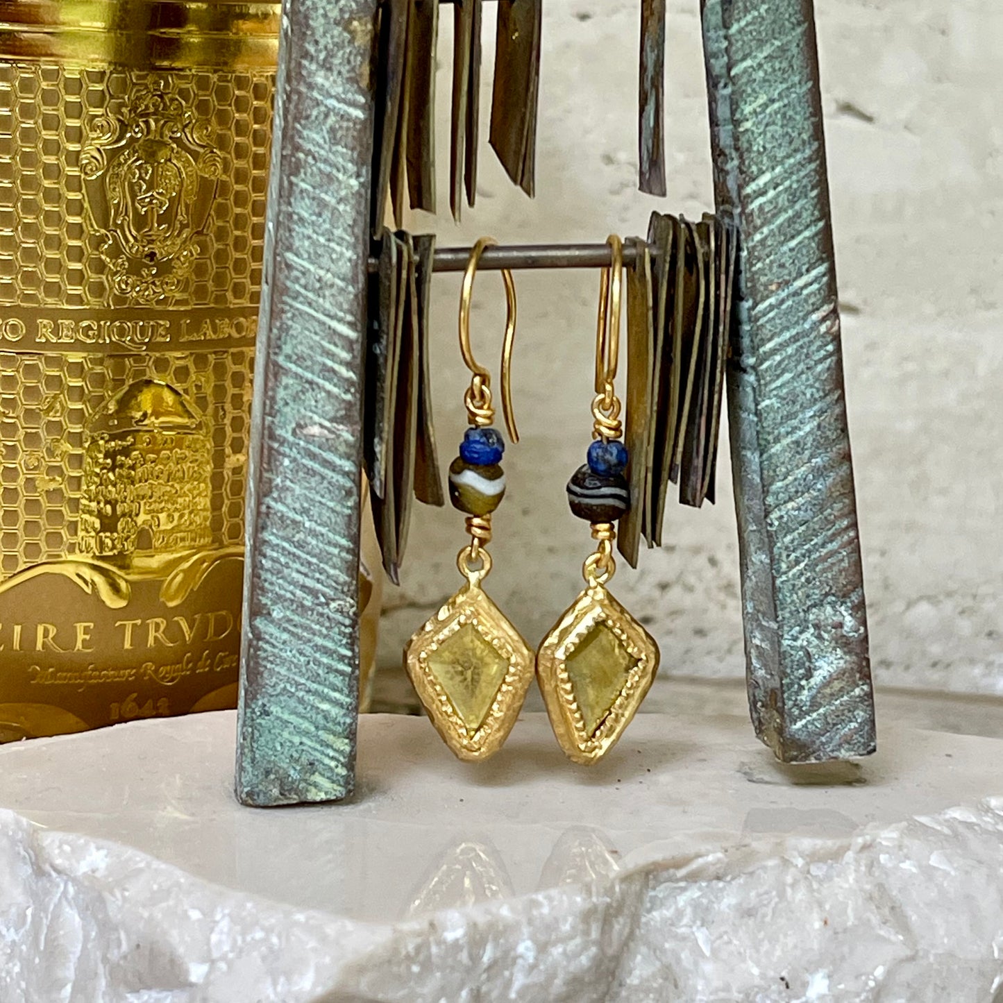 Sliced yellow diamond antique bead earrings