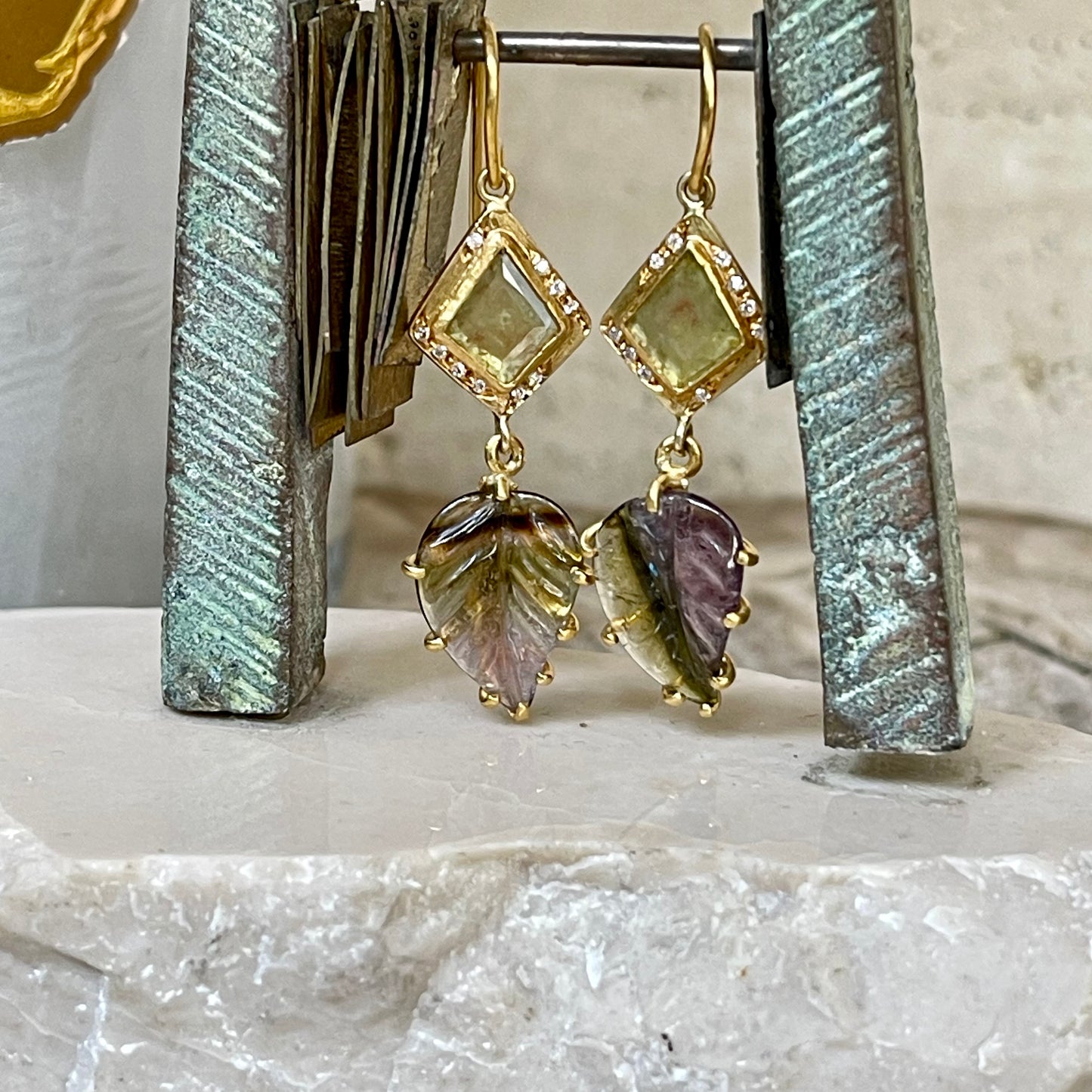 Carved tourmaline leaf and kite diamond earrings