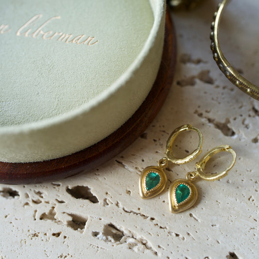 18k Gold Zambian Pear Emerald Hoop Earrings