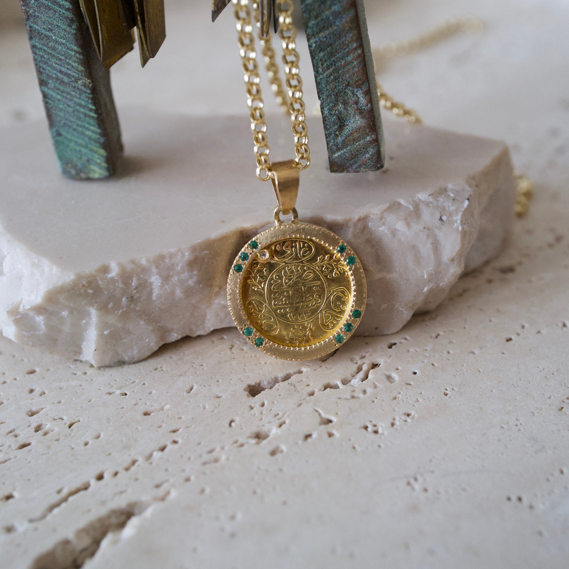 Antique 18k gold coin emerald encrusted pendant necklace 