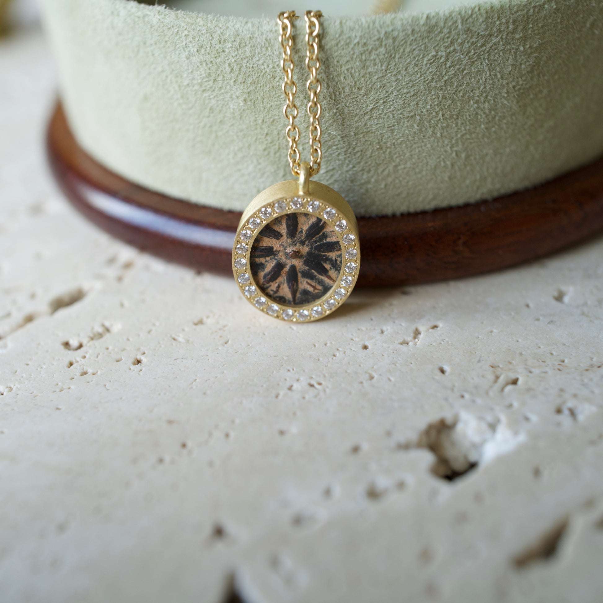 Antique Biblical Bronze Coin Necklace in Solid 18k Gold with White Diamonds Handmade Karen Liberman Jewellery