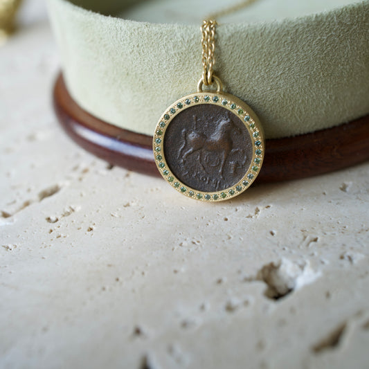 Antique Bronze Horse  Coin Necklace in 18k Gold with Green Diamonds