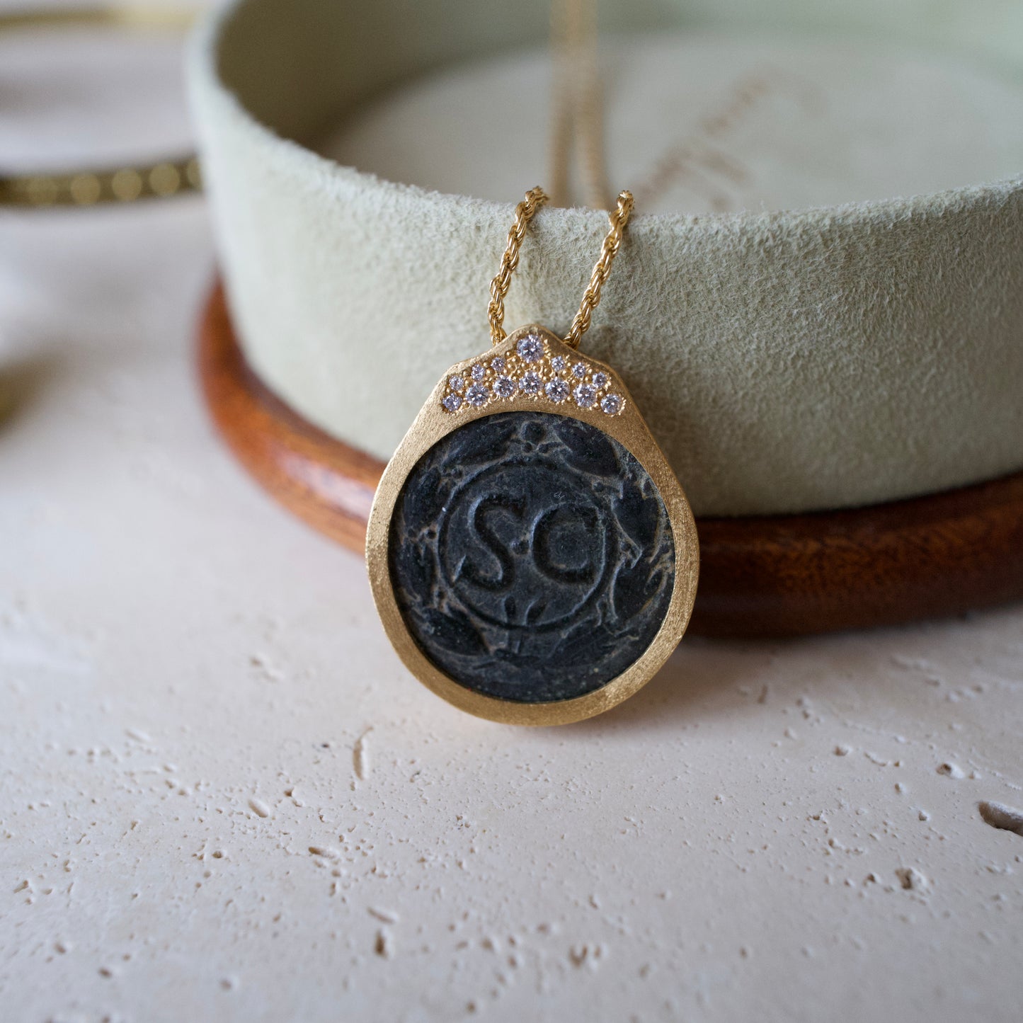 Antique Bronze Roman Coin Necklace in 18k Gold with White Diamonds