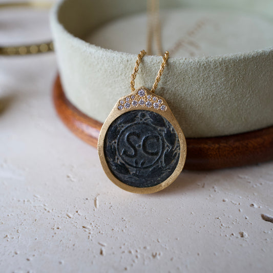 Antique Bronze Roman Coin Necklace in 18k Gold with White Diamonds