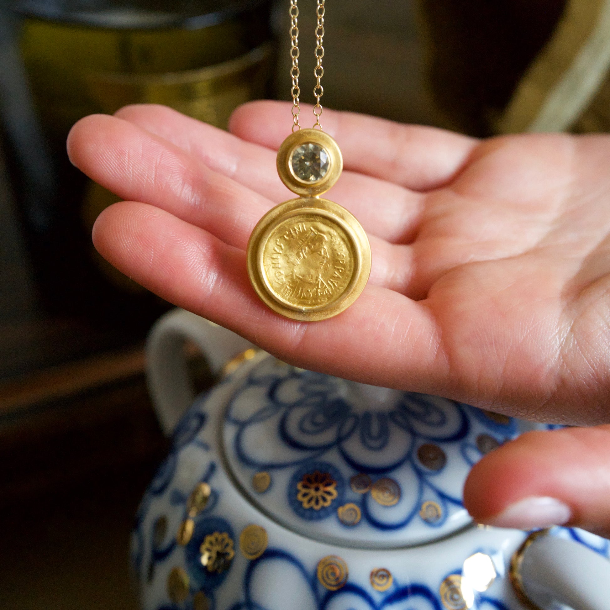 Antique Byzantine Coin Pendant in 22K Gold with Olive Green Diamond 18K Gold Chain