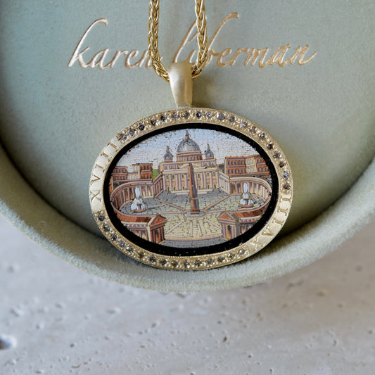 Antique Italian Micro Mosaic Necklace Depicting St Peter's Square, Rome | 18k Gold & Champagne Diamonds