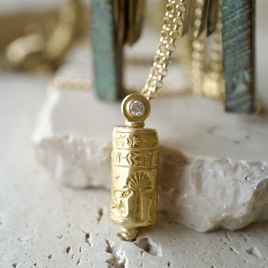 Antique Persian Seal Necklace in 18k Gold with White Diamond | One of a Kind