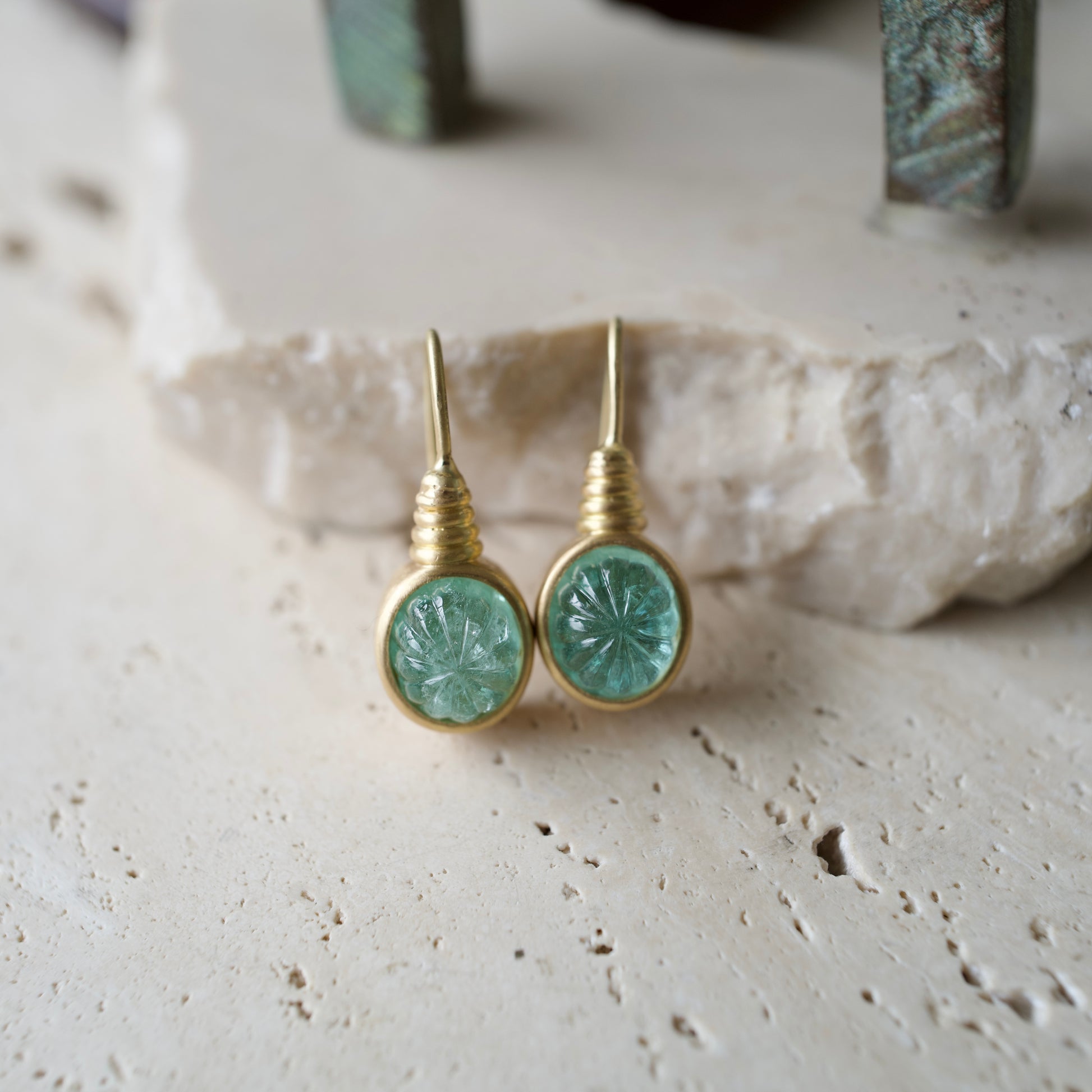 Carved Colombian Emerald Cabochon Earrings in 18k Gold Handmade Front