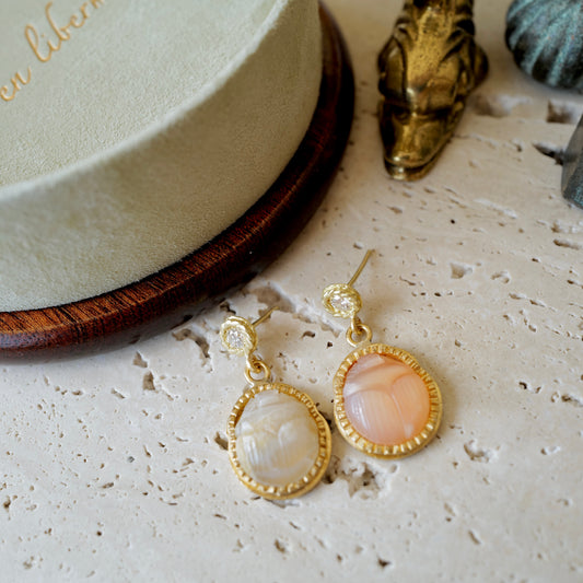 Carved Scarab Moonstone &amp; White Diamond Stud Earrings in 22k Gold Handmade Karen Liberman Jewellery