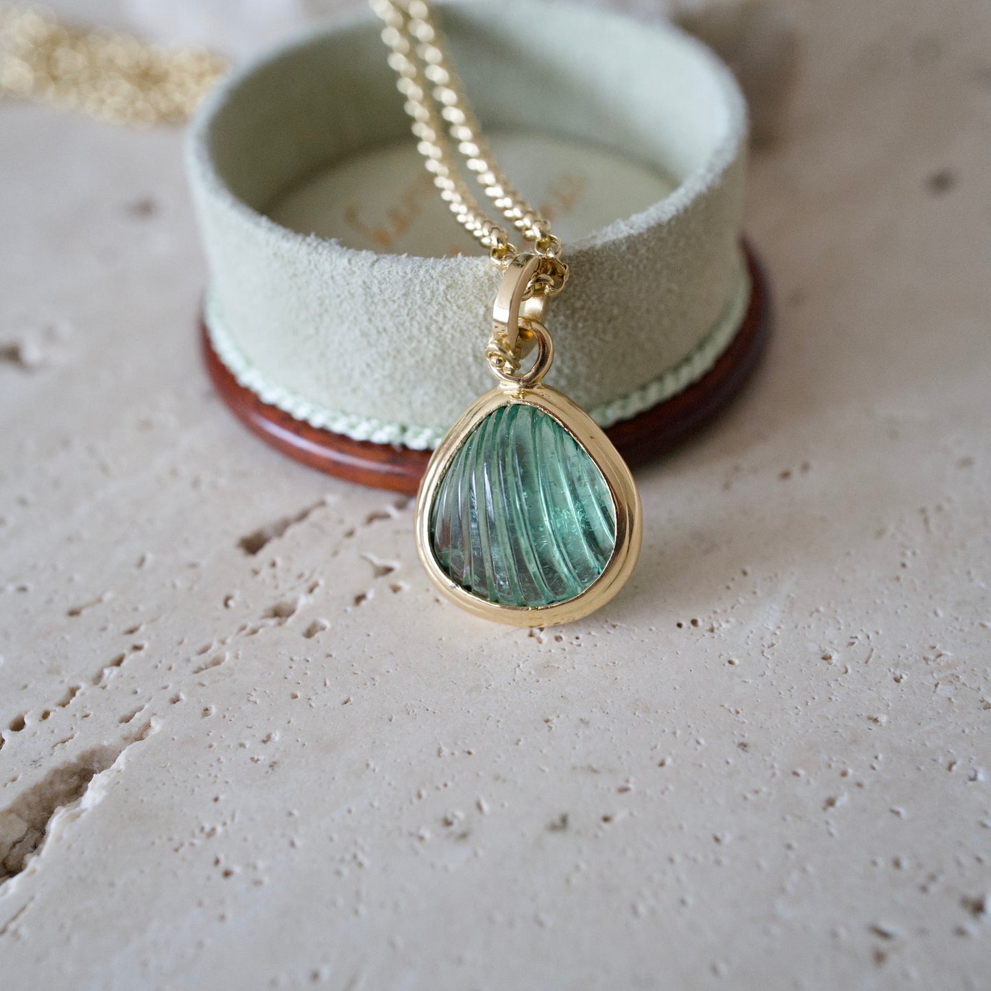 Handmade Carved Tourmaline Shell Necklace in Solid 18K Gold
