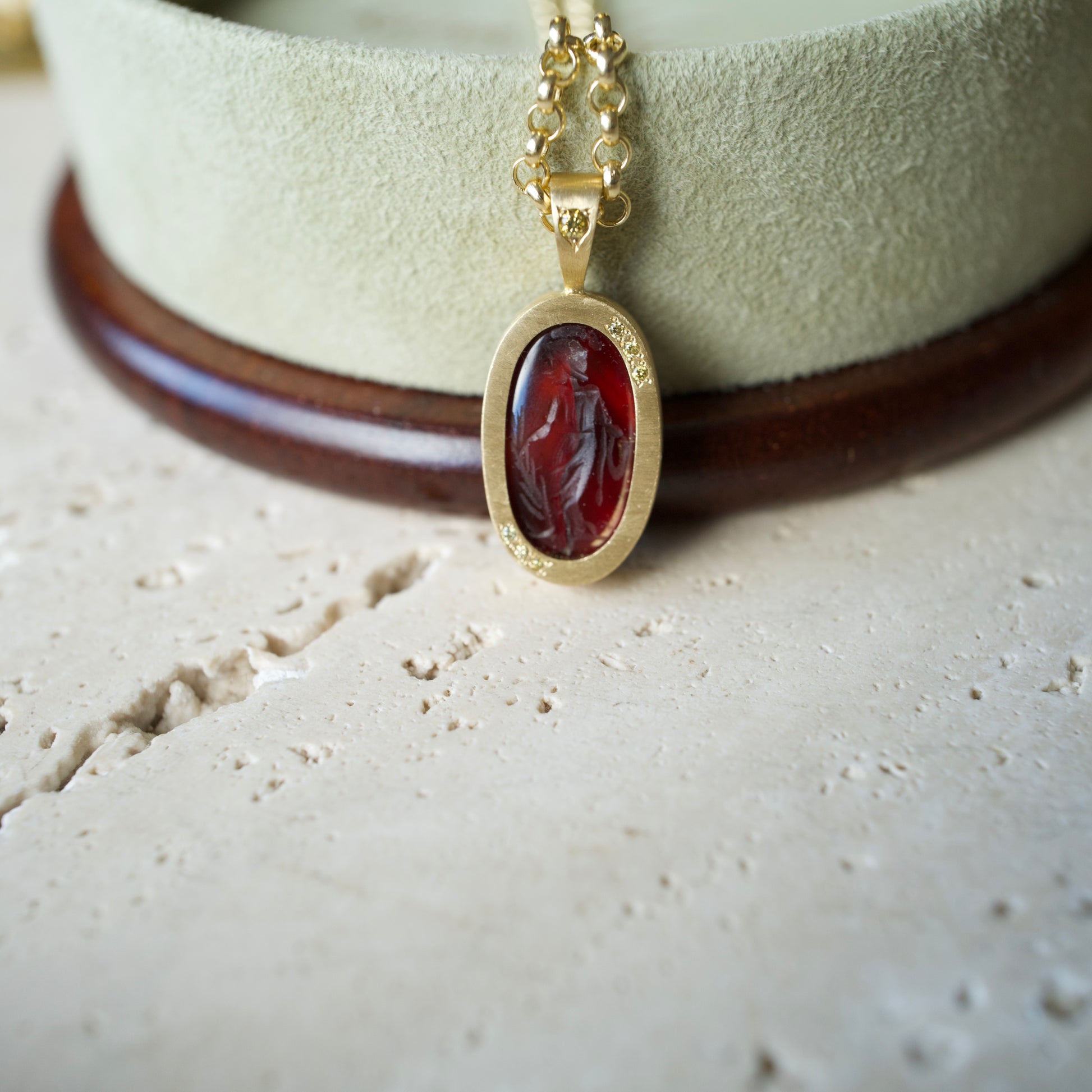 Italian Intaglio Necklace in Solid 18k Gold with Yellow &amp; Green Pavé Diamonds | Handmade