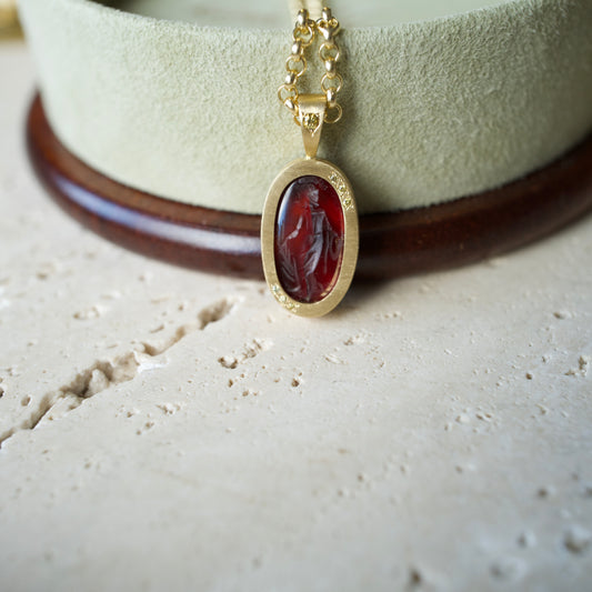 Italian Intaglio Necklace in Solid 18k Gold with Yellow &amp; Green Pavé Diamonds | Handmade