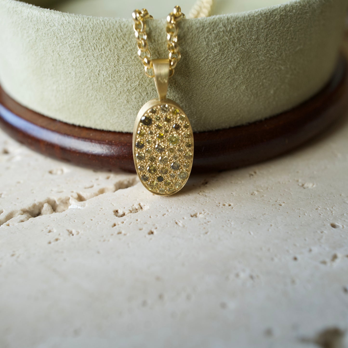 Italian Intaglio Necklace in Solid 18k Gold with Yellow & Green Pavé Diamonds Reverse