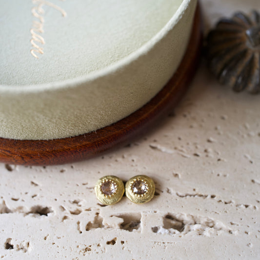 Rose Cut Champagne Diamond Stud Earrings in Solid 18k Gold