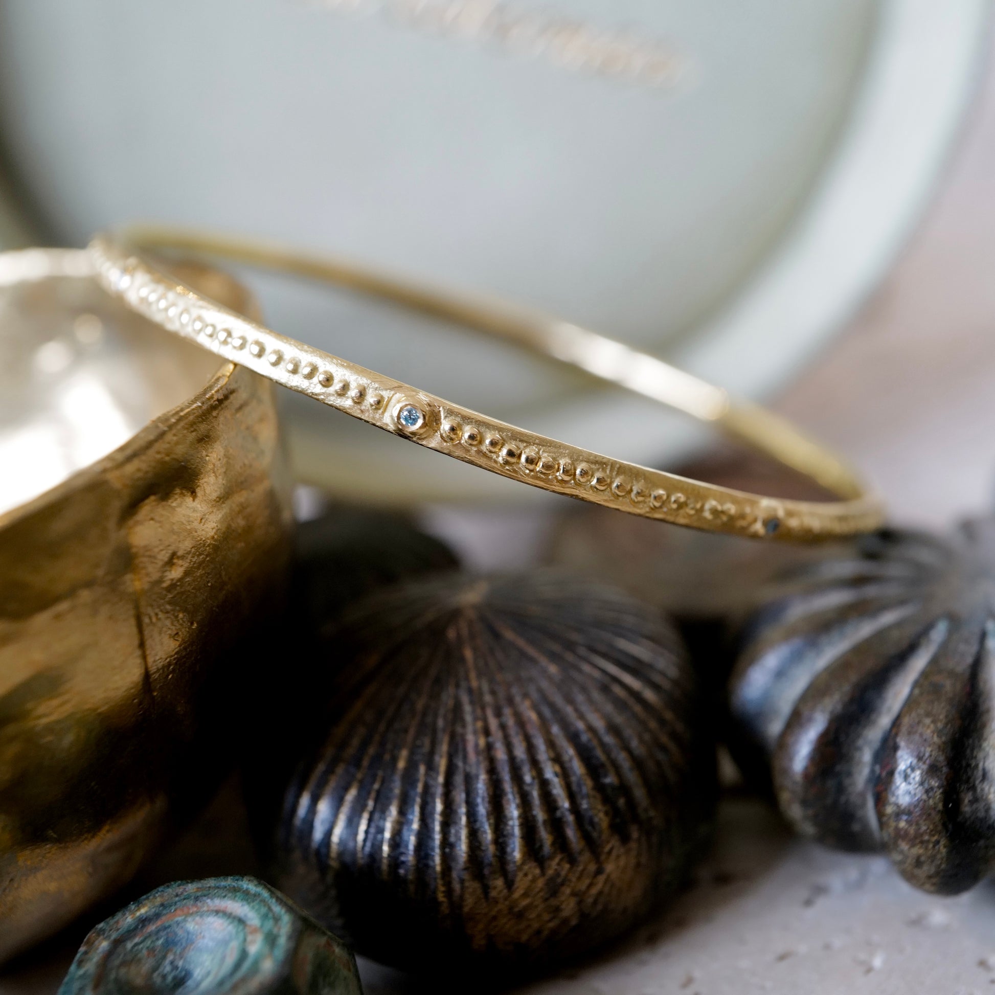 Solid 18k Gold Bangle with Granulation Detail Blue Diamonds Handmade Karen Liberman Jewellery 