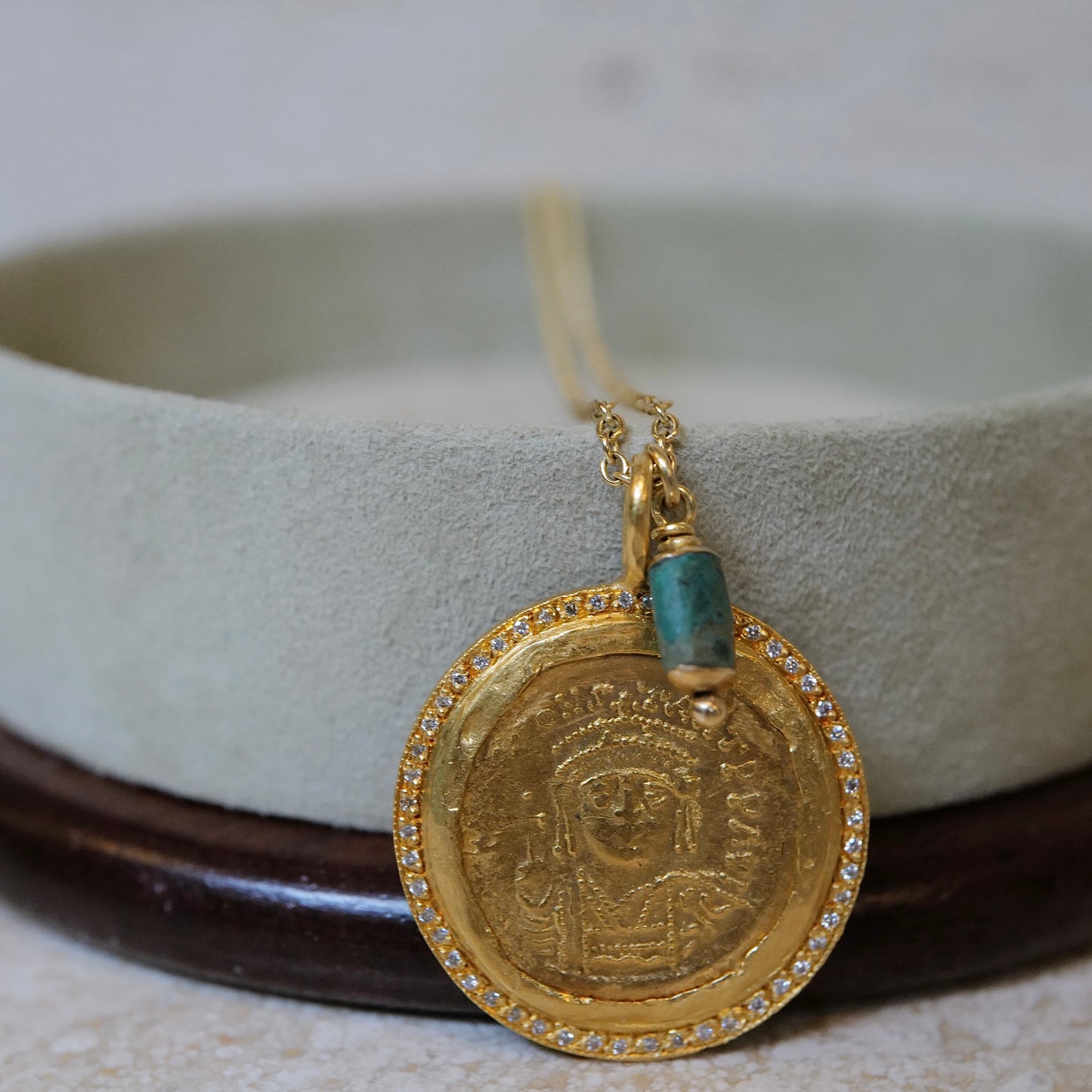 Antique gold coin and turquoise drop pendant necklace