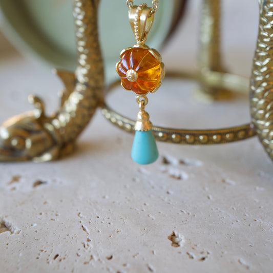 Carved citrine and turquoise drop pendant necklace