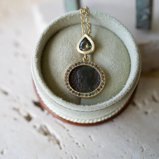 Antique coin and tourmaline necklace