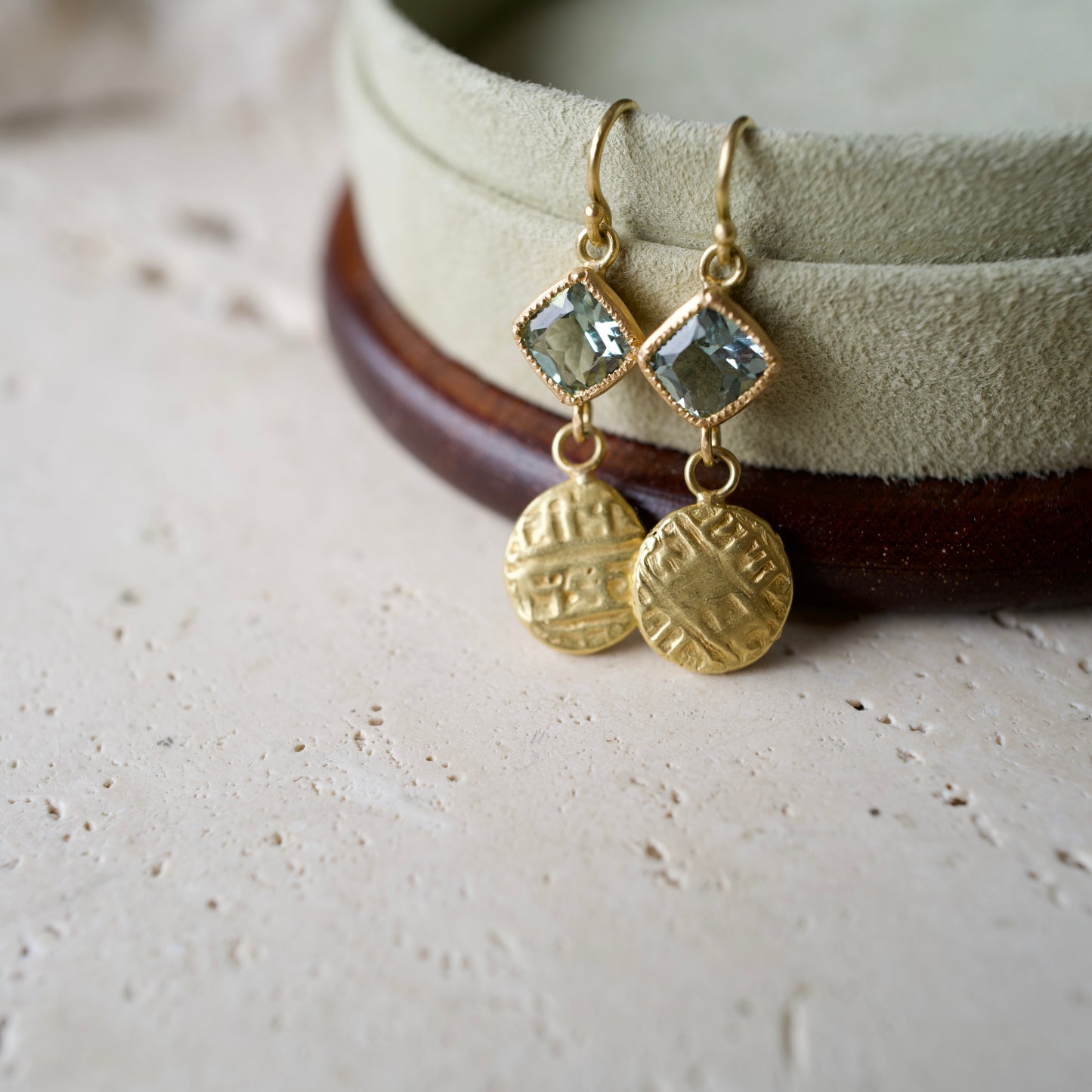 Antique gold coin and beryl gemstone earrings