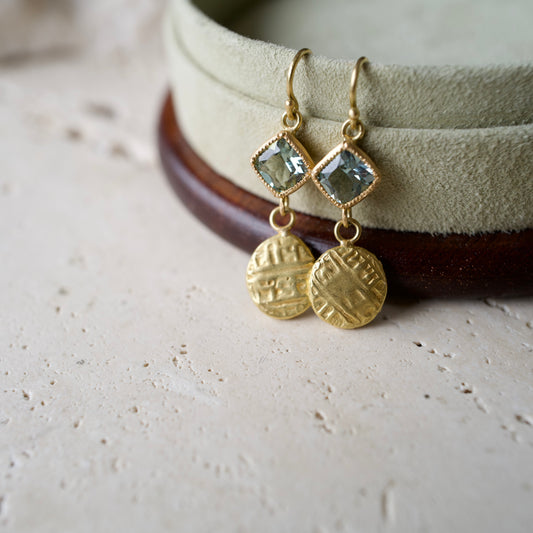Antique gold coin and beryl gemstone earrings