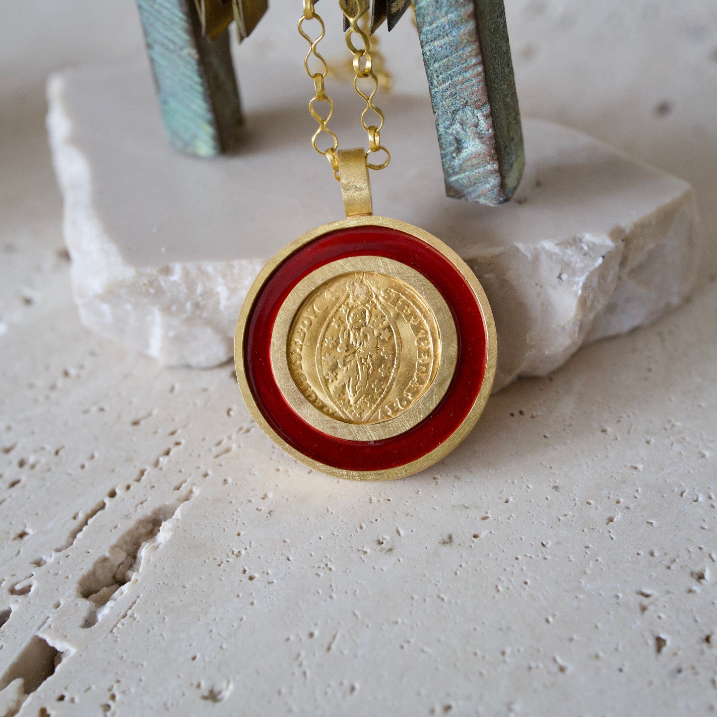Antique gold coin and enamel pendant necklace