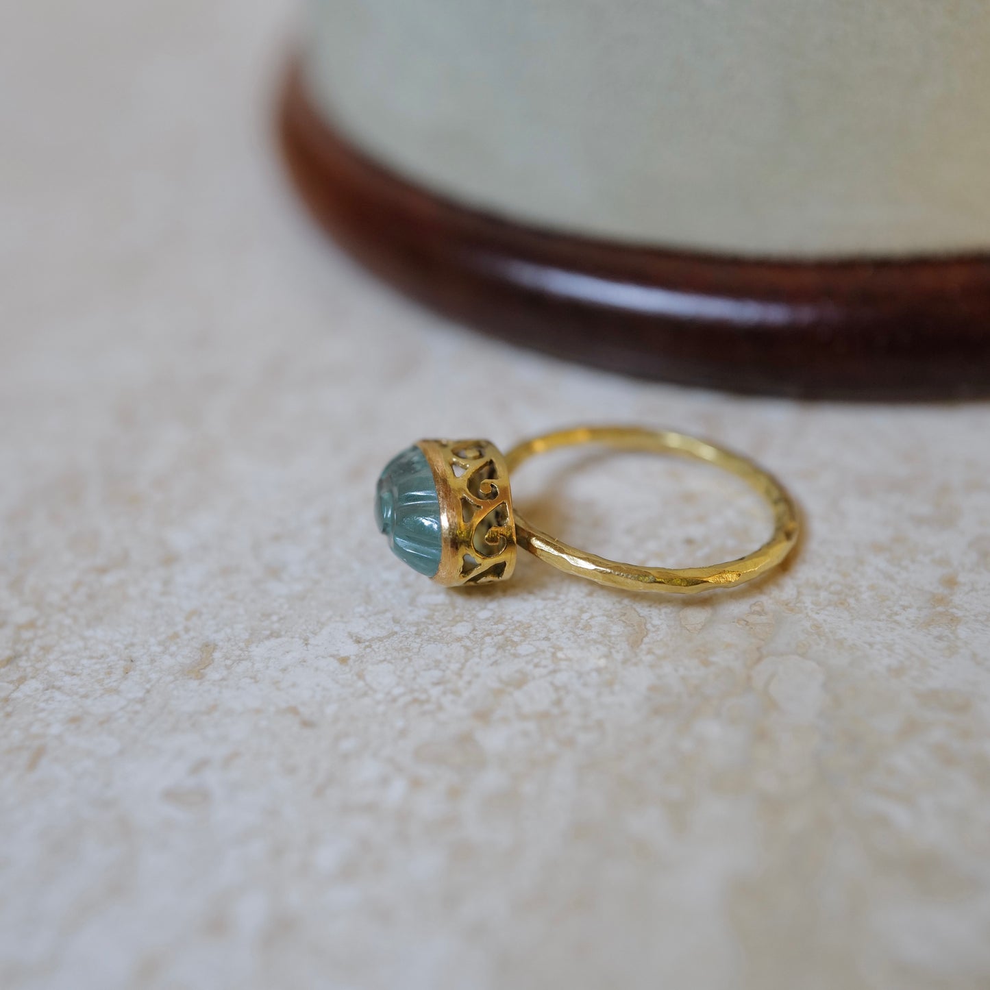 Carved flower aquamarine ring