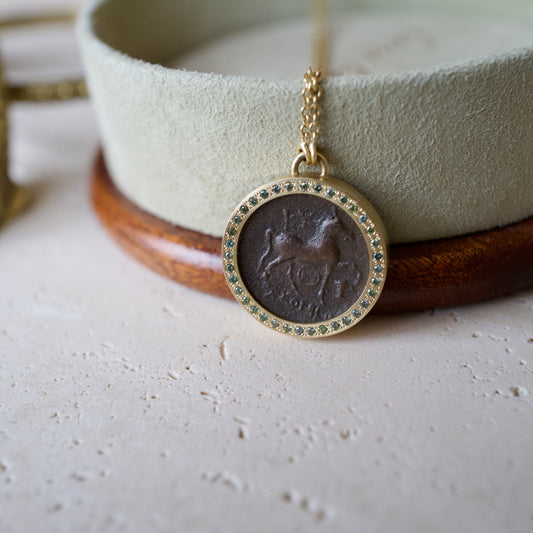 Antique coin and green diamond necklace