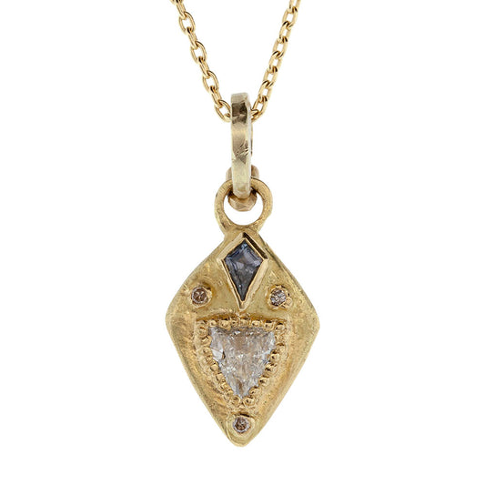 Diamond and sapphire shield pendant necklace