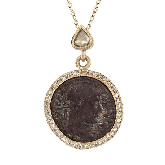 Roman bronze coin and diamond pendant necklace