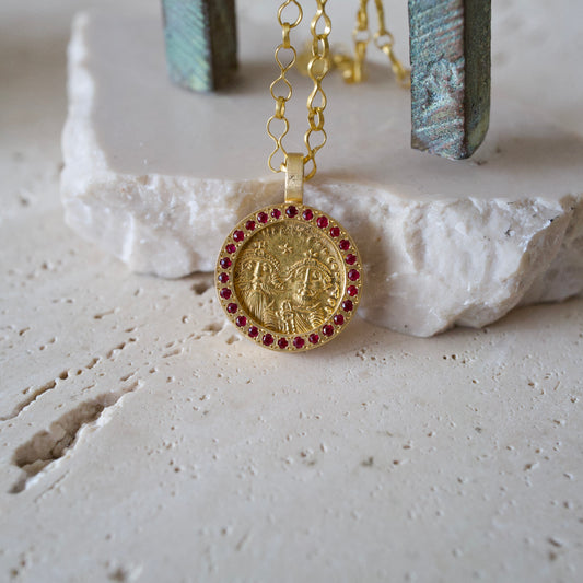 Antique gold coin and ruby pendant necklace